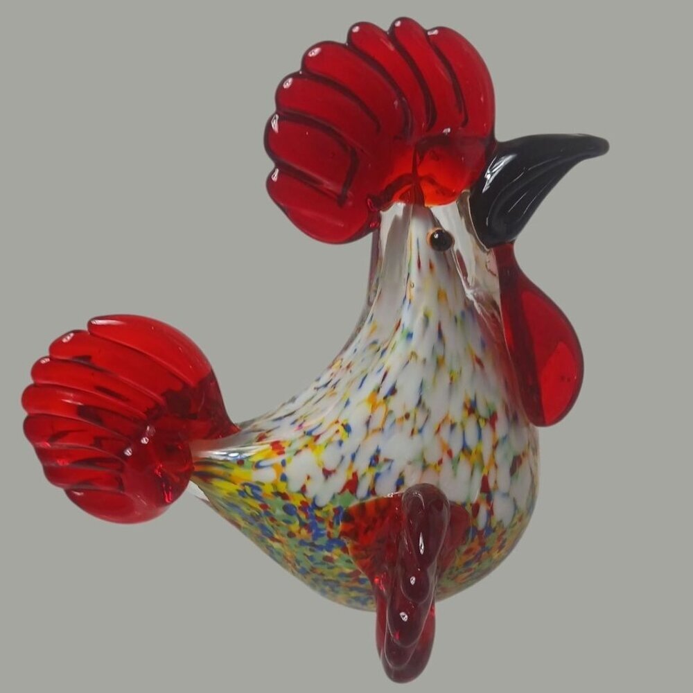 Murano Blown Glass Rooster Figurine With Vibrant Red Accents multicolors